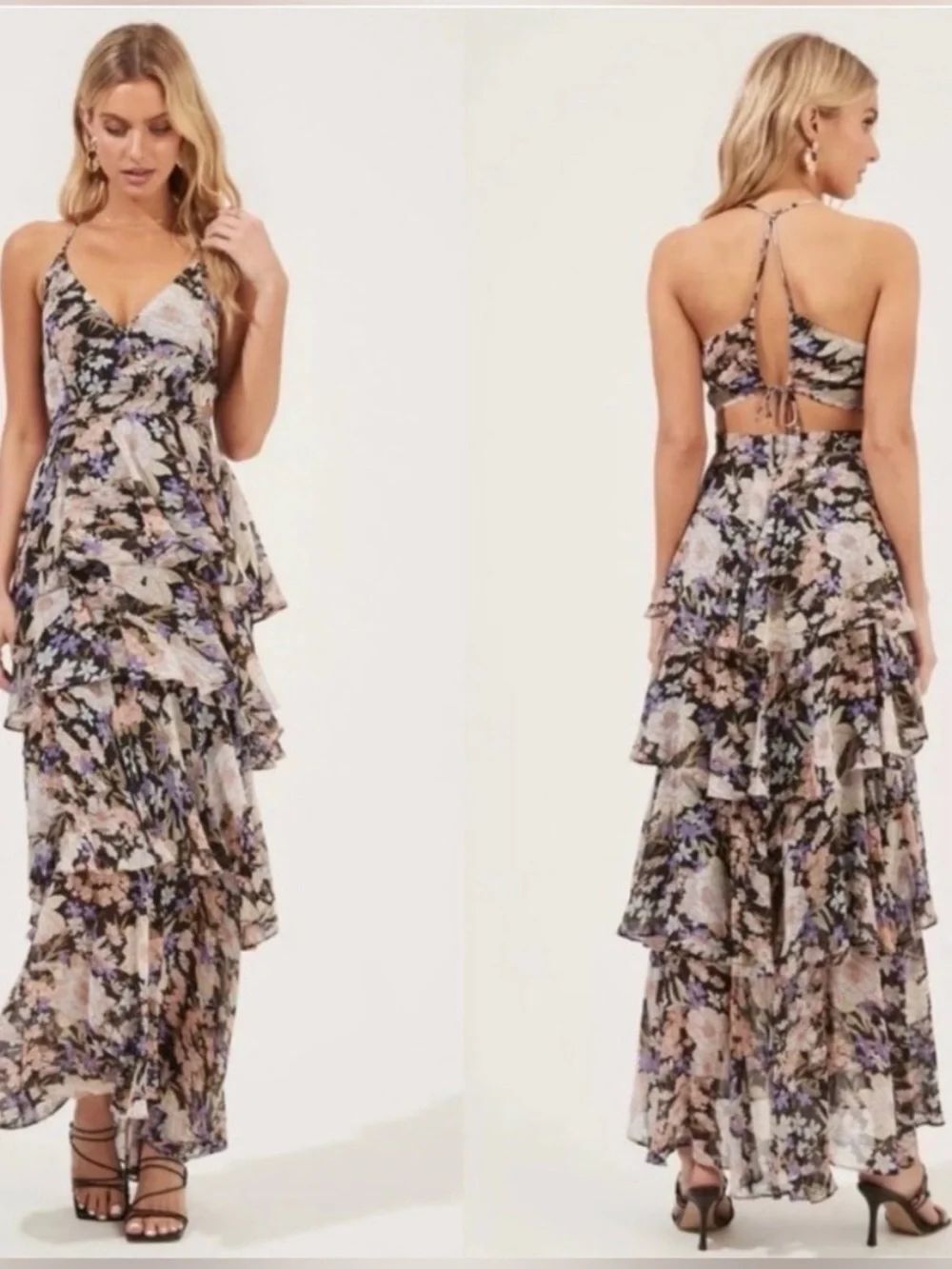 ASTR Rosana Floral Tiered Ruffle Maxi Dress Black Multi $178